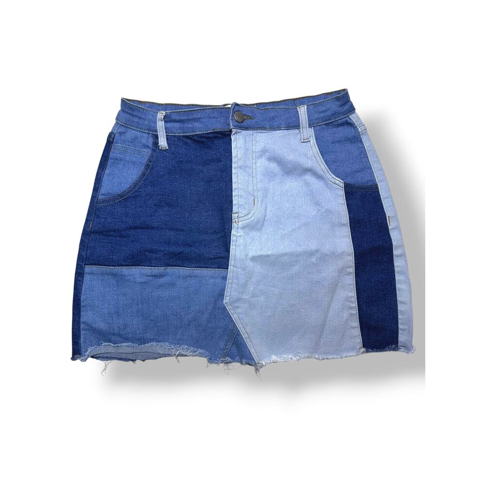 Grace Karin Two-Tone Patchwork Denim Raw Hem Mini Skirt Size Large